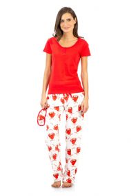 Ashford & Brooks Women's Cotton Top Eye mask & Coral Fleece Pants Pajama Set - Red/Ivory