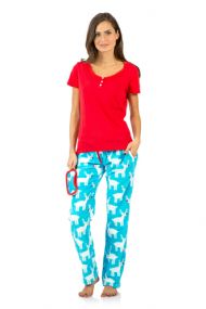 Ashford & Brooks Women's Cotton Top Eye mask & Coral Fleece Pants Pajama Set - Red Light Blue