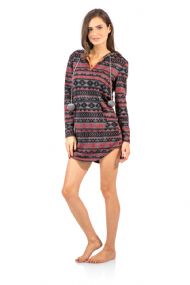 Ashford & Brooks Women's Sweater Fleece Zip Up Hooded Sleep Lounge Shirt  - Charcoal Coral