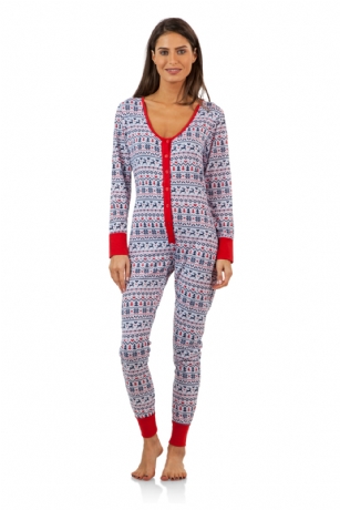 BHPJ By Bedhead Pajamas Women's Soft Knit Button Front One Piece Pajama Jumpsuit - Navy Fair Isle - This BHPJ by BedHead Pajamas Luxurious Union Suit Onesie Pajama is made of breathable ultra-soft 96% Poly/4% Spandex knitted fabric. The special fabrication of the fabric creates a special Luxurious soft touch yet very durable and feels great on skin, you will not want to get them off! Features; Long sleeve with ribbed cuffs, V-neck neckline with easy button front closure.  With beautiful prints and patterns This PJ will keep you super cozy and comfortable and stylish at the same time. This Onesie Pajama offers a relaxed fit perfect for sleeping or lounging around. A great holiday Gift or any occasion.The pajamas are in-house designed by Los Angeles Renee Claire whose innate sense of style and eye for patterns help drive customers to begin collecting and gifting her creations season after season. 