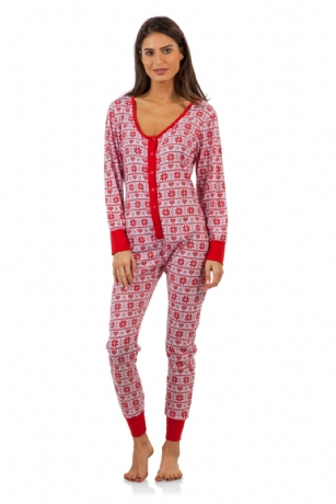 BHPJ By Bedhead Pajamas Women's Soft Knit Button Front One Piece Pajama Jumpsuit - Red Fair Isle B - This BHPJ by BedHead Pajamas Luxurious Union Suit Onesie Pajama is made of breathable ultra-soft 96% Poly/4% Spandex knitted fabric. The special fabrication of the fabric creates a special Luxurious soft touch yet very durable and feels great on skin, you will not want to get them off! Features; Long sleeve with ribbed cuffs, V-neck neckline with easy button front closure.  With beautiful prints and patterns This PJ will keep you super cozy and comfortable and stylish at the same time. This Onesie Pajama offers a relaxed fit perfect for sleeping or lounging around. A great holiday Gift or any occasion.The pajamas are in-house designed by Los Angeles Renee Claire whose innate sense of style and eye for patterns help drive customers to begin collecting and gifting her creations season after season. 