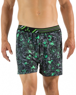 Balanced Tech Men's Active Performance Boxer Shorts - Lava Rock Black/Green - These Balanced Tech Active Performance Boxer Shorts is made out of a 95% Polyester/5% Elastane fabric with breathability and moisture wicking technology ensures fast drying while keeping you cool and fresh all day. These comfort fit athletic underwear features: comfortable signature elastic waistband that eliminates chafing, functional button fly, approx. 4" inseam length, 4 way stretch flexibility improves mobility while maintaining its shape and wont ride up. These Boxers are great for running and working out and for all day use. About the Brand - "Balanced Tech" Designed in the US, is an activewear brand that infuses technology, Driven by the latest trends with style and comfort for everyday goals and challenges. Whether you are working up a serious sweat or hanging out on a Sunday, you can always look and feel great with Balanced Tech!