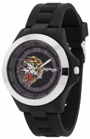 Ed Hardy 1116-BK Mist Watch - Black - Designed by Ed Hardy the Mist Watch features a round Silver dial with silver-tone hands. Japanese quartz movement ensures accurate time keeping. This timepiece offers reliable analog-quartz movement and is protected by a durable mineral crystal. Additional features include luminous, Roman numeral display, water resistant to 30 meters, and measures seconds.