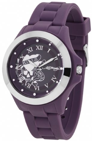Ed Hardy Women's 1116-PU Mist Watch - Purple - Designed by Ed Hardy the Mist Watch features a round Silver dial with silver-tone hands. Japanese quartz movement ensures accurate time keeping. This timepiece offers reliable analog-quartz movement and is protected by a durable mineral crystal. Additional features include luminous, Roman numeral display, water resistant to 30 meters, and measures seconds.