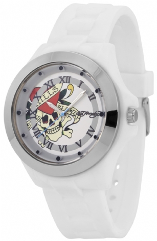 Ed Hardy 1116-WH Mist Watch - White - Designed by Ed Hardy the Mist Watch features a round Silver dial with silver-tone hands. Japanese quartz movement ensures accurate time keeping. This timepiece offers reliable analog-quartz movement and is protected by a durable mineral crystal. Additional features include luminous, Roman numeral display, water resistant to 30 meters, and measures seconds.