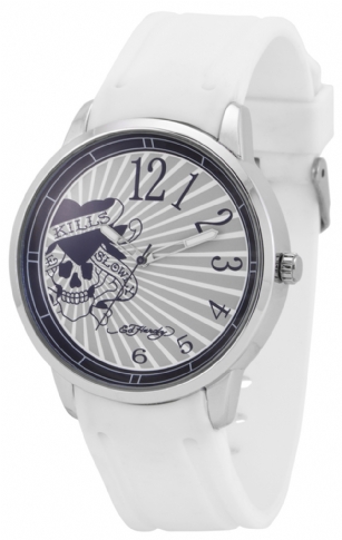Ed Hardy Men's 1120-WH Omen Watch - White - Designed by Ed Hardy theOmen Watch features a rounddial with silver-tone hands.This timepiece offers reliable analog-quartz movement and is protected by a durable mineral crystal. Additional featureswater resistant to 30 meters, and measures seconds.