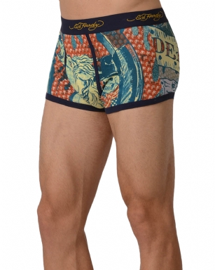Ed Hardy Men's Cowboy And Horse Trunk - Navy - This Ed Hardy Men'sCowboy And Horse Trunk rocks an"Cowboy And Horse" TattooDesign in front and Back, signature logo Jaquard waistband