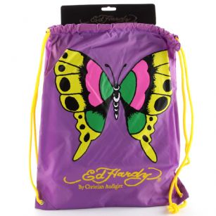 Ed Hardy Drew  Drawstring Butterfly  Bag - Purple - The Ed HardyDrawstringButterflyBag rocks a tattoo-inspired design that will keep you on the cutting edge of fashion. This backpack's colorful eye-catching artwork integrates fashion with function, producing a backpack that is far cry from ordinary. Front features the "Butterfly" tattoo inBrilliant color. Easy and lightweight includes a back zipper and yellow straps for easy carrying. This is perfect for traveling or everyday use! 