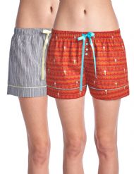 Casual Nights Women's 2 Pack Cotton Woven Lounge Boxer Shorts - Cow Skull Fair Isle/Stripe 48