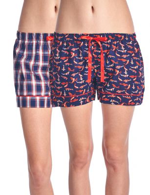 Casual Nights Women's 2 Pack Cotton Woven Lounge Boxer Shorts - Kio Fish/ Plaid 26 -  Sleep and Lounge with these Women's 2 Pack Woven Knicker Shorts from Casual Nights made from a lightweight soft 100% cotton fabric that feels exceptionally comfortable and smooth against the skin. These pajama boxer shorts features: elastic waist, contrast drawstring and buttons, Measures approx. 4.5" inseam and 10" rise. This economical 2-pack is a smart investment for any woman's Intimates & sleepwear collection. Choose the one you love most and Mix N Match with your favorite top! 