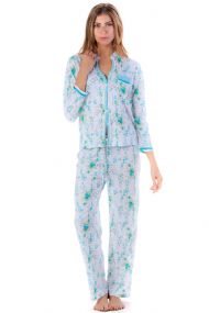 Casual Nights Women's Long Sleeve Floral Lace Trim Pajama Set - Green