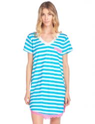 Casual Nights Women's Rayon Short Sleeve Stripe Dorm Sleepwear Nightshirt - White Turquoise