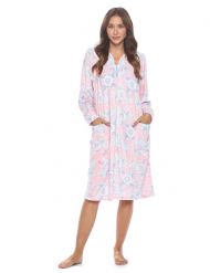 Casual Nights Women's Zip Up Robe Housecoat, Velour Duster Lounger Dress with Pockets - Pink
