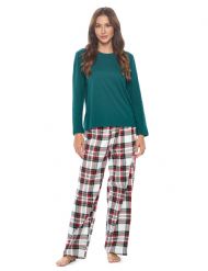 Casual Nights Women's Jersey Knit Long-Sleeve Top and Soft Flannel Bottom Pajama Set - White Stewart Plaid