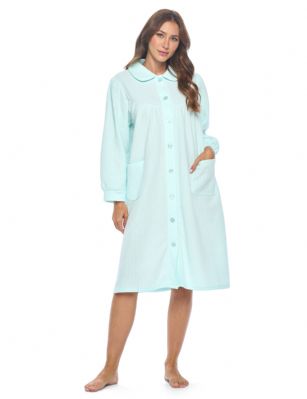 Casual Nights Women's Button Front Jacquard Terry Fleece Lounger Robe with Pockets - Mint Green - Introducing our Soft Fleece Lounger Robe: the ultimate solution for staying comfortably warm while embracing your preferred lighter nightwear. If you're someone who runs hot but loves the snugness of a warm layer, this lounger house dress is tailored just for you. Designed to complement thinner nightgowns, it's the perfect companion for bedtime reading or TV watching. Tired of grappling with lengthy robes? Embrace the ease of our innovative bed robe, effortlessly removable, draping gracefully as you embrace peaceful slumber.Experience the coziness firsthand. Imagine the soothing embrace of this house coat during post-surgery recovery. Similar to a beloved lounger, this fleece wonder boasts a flattering collar, button-up front, and deep side patch pockets  a handy touch for stowing tissues, candy, or your cell phone. No need to compromise style for comfort  this bed jacket effortlessly combines both.And that's not all. We believe in the power of heartfelt gifting. Our lounger robe found a special place in the heart of a 99-year-old friend who perpetually battled the cold. This thoughtful gesture not only brought warmth but also beamed with love. You'll cherish its impact, just as she did.Made from easy-care polyester, this imported knee length bed longer measures approximately 42L and is machine washable, making maintenance a breeze. Whether you're winding down after a long day or seeking solace during recovery, our Soft Fleece Bed Lounger robe is your ticket to warm, comfy, and cozy nights.