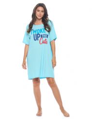 Casual Nights Short Sleeve Nightgowns for Women - Soft Cotton Blend Sleep Shirts - Oversized One Size Long Night Shirts -  Aqua I Woke Up Cute