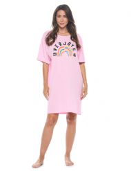 Casual Nights Short Sleeve Nightgowns for Women - Soft Cotton Blend Sleep Shirts - Oversized One Size Long Night Shirts -  Blush Rainbow