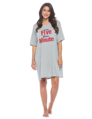Casual Nights Short Sleeve Nightgowns for Women - Soft Cotton Blend Sleep Shirts - Oversized One Size Long Night Shirts -  Heather Grey - Five More Minutes - Get a good night's sleep in soft, breathable and gloriously comfy Cotton Nightshirts for Women with Casual Nights!Casual 21 has been providing contemporary fashion lovers with a great selection of Casual Clothing and Accessories at greatly discounted prices for 10 years. Our Selection includes a wide range of Casual Clothing and accessories which includes; Sportswear, Underwear, Nightwear, Swimwear, Socks, Caps, Handbags, wallets, shoes and scarves. Casual 21 is known for its excellent customer service with a customer base of thousands of happy customers. We offer a unique shopping experience with a personal touch.Why you should add our women's sleep shirt to your wardrobe...Lightweight and Airy:breathable cotton makes for comfortable all-season wearPremium Quality: reinforced stitching, perfectly lined hems and high-quality printing that won't fade prematurelyEasy Care: machine washable for a hassle-free cleanVariety of Designs: choose from a wide range of colors and prints to suit all tastesRelaxed Fit: a purposefully oversized fit provides next-level comfort and styleOur ladies nightgowns are flattering pieces that every woman should own in her top drawer. These oversized pajama shirts for women are adorned with a multitude of eye-catching patterns to accommodate every woman and to make every evening wind down and undisturbed slumber that extra special. They're so comfy and non-irritating on the skin, you'll be wishing your days away thinking about cozying up at home in your super soft nightwear. To make uncomfortable sweaty nights a thing of the past, just slip on the simple pullover style for instant comfort and relaxation.