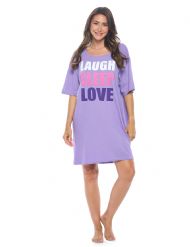 Casual Nights Short Sleeve Nightgowns for Women - Soft Cotton Blend Sleep Shirts - Oversized One Size Long Night Shirts -  Lavender Laugh Sleep Love