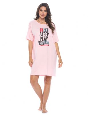 Casual Nights Short Sleeve Nightgowns for Women - Soft Cotton Blend Sleep Shirts - Oversized One Size Long Night Shirts -  Light Pink - Eat Sleep Play - Get a good night's sleep in soft, breathable and gloriously comfy Cotton Nightshirts for Women with Casual Nights!Casual 21 has been providing contemporary fashion lovers with a great selection of Casual Clothing and Accessories at greatly discounted prices for 10 years. Our Selection includes a wide range of Casual Clothing and accessories which includes; Sportswear, Underwear, Nightwear, Swimwear, Socks, Caps, Handbags, wallets, shoes and scarves. Casual 21 is known for its excellent customer service with a customer base of thousands of happy customers. We offer a unique shopping experience with a personal touch.Why you should add our women's sleep shirt to your wardrobe...Lightweight and Airy:breathable cotton makes for comfortable all-season wearPremium Quality: reinforced stitching, perfectly lined hems and high-quality printing that won't fade prematurelyEasy Care: machine washable for a hassle-free cleanVariety of Designs: choose from a wide range of colors and prints to suit all tastesRelaxed Fit: a purposefully oversized fit provides next-level comfort and styleOur ladies nightgowns are flattering pieces that every woman should own in her top drawer. These oversized pajama shirts for women are adorned with a multitude of eye-catching patterns to accommodate every woman and to make every evening wind down and undisturbed slumber that extra special. They're so comfy and non-irritating on the skin, you'll be wishing your days away thinking about cozying up at home in your super soft nightwear. To make uncomfortable sweaty nights a thing of the past, just slip on the simple pullover style for instant comfort and relaxation.