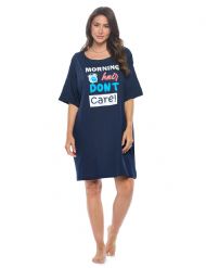 Casual Nights Short Sleeve Nightgowns for Women - Soft Cotton Blend Sleep Shirts - Oversized One Size Long Night Shirts -  Navy - Morning Don't Care