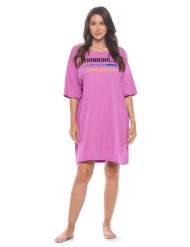 Casual Nights Short Sleeve Nightgowns for Women - Soft Cotton Blend Sleep Shirts - Oversized One Size Long Night Shirts -  Purple Thinking