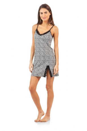 Casual Nights Women's Sleepwear Lace Trim Slip Camisole Nightie - Black Animal Print - This Women's Fancy Lace Trim Chemise Nightshirt is made out of lightweight soft 55% Cotton/ 40% Polyester/ 5% Spandex fabric. Featuring; lace trim applique, Side slit with lace, adjustable spaghetti straps, mid thigh length approx. 29" inches excluding straps. Wear it alone or with a pajama shorts or pants. Excellent gift idea for any occasion.