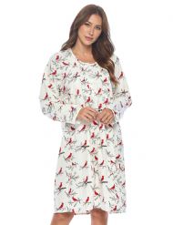 Casual Nights Women's Flannel Floral Long Sleeve Nightgown - White Snow Bird