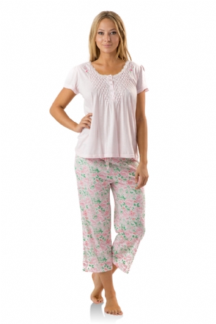 Casual Nights Women's Short Sleeve Floral Capri Pajama Set - Flower/Pink - Hit the sack in total comfort with these Soft and lightweight Knit Pajama Sleep Set in a fun Floral pattern Capri Length Pants with an elastic drawstring waist for comfort, Shirt Features Short Sleeves, 4 Button closure, Embroidery, lace Trimand flattering tucked details. A comfortable straight fit perfect for sleeping or lounging around.
