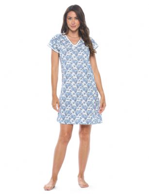 Casual Nights Women's Cotton Floral Short Sleeve Nightgown - Blue - Please use our size chart to determine which size will fit you best, if your measurements fall between two sizes we recommend ordering a larger size as most people prefer their sleepwear a little looser.  Medium: Measures US Size 24, Chests/Bust 33-34" Large: Measures US Size 10-12, Chests/Bust 37-38" X-Large: Measures US Size 12-14, Chests/Bust 38.5-40" XX-Large: Measures US Size 16-18, Chests/Bust 41.5-42" 3X-Large: Measures US Size 18-20, Chests/Bust 42.5-44" You'll love slipping into This Women's Cotton Short Sleeve Nightgown Shirt from Casual Nights thats made of a 100% breathable soft cotton fabric which feels great to touch and even greater to wear. Sleep nightshirt features; Beautiful flower prints and designs, V-neck, sleeveless, open pocket, front bow and lace accent, flirty length measures Approx. 35" inches from shoulder to hem. Wear it alone or with pajama shorts or pants. Excellent gift idea for any occasion. 