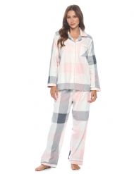 Casual Nights Women's Flannel Long Sleeve Button Down Pajama Set - Grey PInk Plaid