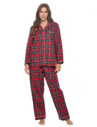 Casual Nights Women's Flannel Long Sleeve Button Down Pajama Set - Red Stewart