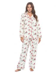Casual Nights Women's Flannel Long Sleeve Button Down Pajama Set - White Snow Bird