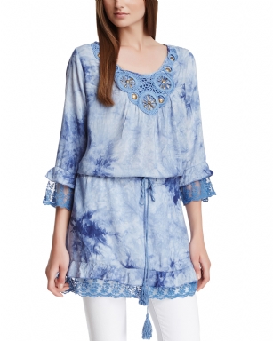 Style NY Women's Tie Dye V-Neck Fashion Tunic-Blue - Style NY gives your closet a refreshing update of the essentials and unexpected silhouettes alike, This Tie Dye V-Neck Fashion Tunic is amust have,ItFeatures; all over Tie dye, V-Neck, Crochet and Bead accents, Lace hem and cuff, and drawstring at the hips that make it easy to blouse and wear as a cover up or just over skinny jeans.