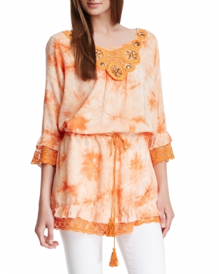 Style NY Women's Tie Dye V-Neck Fashion Tunic- Orange - Style NY gives your closet a refreshing update of the essentials and unexpected silhouettes alike, This Tie Dye V-Neck Fashion Tunic is amust have,ItFeatures; all over Tie dye, V-Neck, Crochet and Bead accents, Lace hem and cuff, and drawstring at the hips that make it easy to blouse and wear as a cover up or just over skinny jeans.