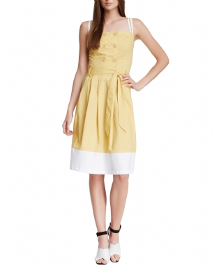 Style NY Women's Double Breasted Button Heidi Dress - Mustard - Style NY gives your closet a refreshing update of the essentials and unexpected silhouettes alike! The Dress Features; Square neck, Embellished Rhinestone detail on fixed straps, Front double breasted button closure, self tie sash at waist, contrast color hem, Approx. length is 44" inches.This unique piece is just the thing to refresh your wardrobe.