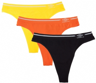 Umbro Women's Seamless Thong Panties 3 Pack - Buttercup/Nasturtium Assorted - This 3 Pack seamless Thongs From Umbro  is made from lightweight 92% Nylon/8% Elastane fabric that's super soft and comfortable and provides anti-odor and Breathability that moves moisture away from the body and QUICK DRY moisture control technology ensures fast drying, Four-Way Stretch conforms to the body for excellent support, plus the Seamless-style underwear to ensure Comfort While minimizing visible panty lines. This economical 3-pack is a smart investment for any woman's active attire collection.