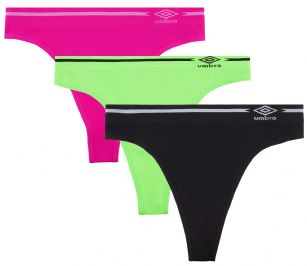 Umbro Women's Seamless Thong Panties 3 Pack - Pink Glo/Green Gecko Assorted - This 3 Pack seamless Thongs From Umbro  is made from lightweight 92% Nylon/8% Elastane fabric that's super soft and comfortable and provides anti-odor and Breathability that moves moisture away from the body and QUICK DRY moisture control technology ensures fast drying, Four-Way Stretch conforms to the body for excellent support, plus the Seamless-style underwear to ensure Comfort While minimizing visible panty lines. This economical 3-pack is a smart investment for any woman's active attire collection.