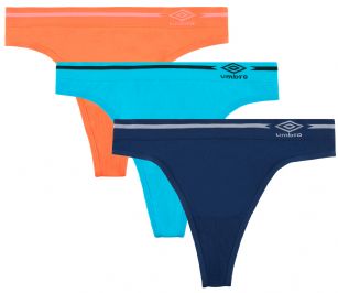 Umbro Women's Seamless Thong Panties 3 Pack - Nasturium/Blue Assorted - This 3 Pack seamless Thongs From Umbro  is made from lightweight 92% Nylon/8% Elastane fabric that's super soft and comfortable and provides anti-odor and Breathability that moves moisture away from the body and QUICK DRY moisture control technology ensures fast drying, Four-Way Stretch conforms to the body for excellent support, plus the Seamless-style underwear to ensure Comfort While minimizing visible panty lines. This economical 3-pack is a smart investment for any woman's active attire collection.