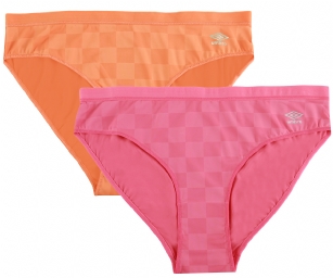 Umbro Women's Performance Low-Rise Bikini 2 Pack - Coral/Nasturitum - The classic 2 Pack checked print Performance Bikinis From Umbro is made from lightweight 90% Nylon/ 10% Elastane fabric that's super soft and comfortable and provides breathable QUICK DRY moisture control technology that moves moisture away from the body and ensures fast drying, Four-Way Stretch conforms to the body for excellent support, low-rise and tag-less construction for more comfort while minimizing irritation. This economical 2-pack is a smart investment for any woman's active attire collection.