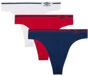 Umbro Women's Seamless Thong Panties 3 Pack - Red/Navy Assorted - This 3 Pack seamless Thongs From Umbro  is made from lightweight 92% Nylon/8% Elastane fabric that's super soft and comfortable and provides anti-odor and Breathability that moves moisture away from the body and QUICK DRY moisture control technology ensures fast drying, Four-Way Stretch conforms to the body for excellent support, plus the Seamless-style underwear to ensure Comfort While minimizing visible panty lines. This economical 3-pack is a smart investment for any woman's active attire collection.