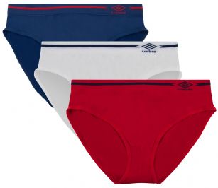 Umbro Women's Seamless Bikini Panties 3 Pack - Red/Navy Assorted - This 3 Pack seamless Bikinis From Umbro  is made from lightweight 92% Nylon/8% Elastane fabric that's super soft and comfortable and provides anti-odor and Breathability that moves moisture away from the body and QUICK DRY moisture control technology ensures fast drying, Four-Way Stretch conforms to the body for excellent support, plus the Seamless-style underwear to ensure Comfort While minimizing visible panty lines. This economical 3-pack is a smart investment for any woman's active attire collection.