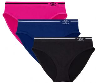 Umbro Women's Seamless Bikini Panties 3 Pack - Princess Blue/Pink Glo Assorted - This 3 Pack seamless Bikinis From Umbro  is made from lightweight 92% Nylon/8% Elastane fabric that's super soft and comfortable and provides anti-odor and Breathability that moves moisture away from the body and QUICK DRY moisture control technology ensures fast drying, Four-Way Stretch conforms to the body for excellent support, plus the Seamless-style underwear to ensure Comfort While minimizing visible panty lines. This economical 3-pack is a smart investment for any woman's active attire collection.