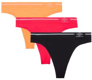 Umbro Women's Seamless Thong Panties 3 Pack - Diva Pink/Orange Pop Assorted - This 3 Pack seamless Thongs From Umbro  is made from lightweight 92% Nylon/8% Elastane fabric that's super soft and comfortable and provides anti-odor and Breathability that moves moisture away from the body and QUICK DRY moisture control technology ensures fast drying, Four-Way Stretch conforms to the body for excellent support, plus the Seamless-style underwear to ensure Comfort While minimizing visible panty lines. This economical 3-pack is a smart investment for any woman's active attire collection.