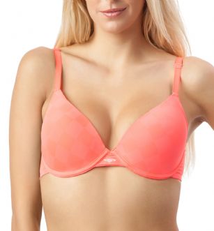 Umbro Women's Performance Underwire Sports Bra - Firey Coral - This Umbro Women's Performance Underwire Sports Bra is made from 90% Nylon/ 10% Elastane fabric that's super soft and comfortable and Provides breathable and QUICK DRY moisture control technology ensures wicking and fast drying that moves moisture away from the body. it Features Allover diamond checked pattern with canter front contrast logo, Adjustable shoulder straps, Lightly padded molded demi cups that gives you great shape and comfort, Underwire design and adjustable hook and eye closure for the extra support. Stretch construction improves mobility and maintains shape, It keeps you comfortable and cool throughout your workout. This is a must for any woman's active attire collection!