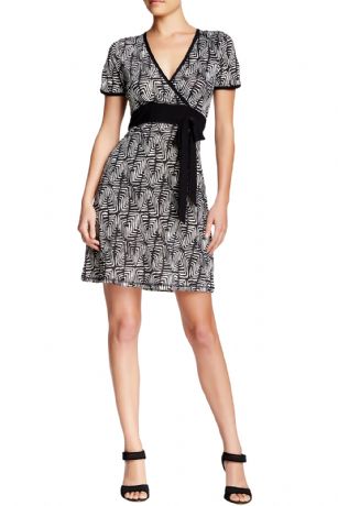 Vertigo Paris Women's Printed Short Sleeve Faux-Wrap Dress - Maze -  There's nothing quite as versatile as this Vertigo Paris Printed Faux-Wrap Dress. Made out of comfortable poly spandex fabric. Featuring attached solid self tie belt ,short sleeves, surplice neckline, allover printed pattern with solid trim. Approx. 36" in from shoulder to hem.Lightweight and soft to the touch, It will see you through the work day with class and comfort. Vertigo Paris Designed in Los Angeles - Vertigo's product line includes every lady's wardrobe staples including dresses, tops, trousers, skirts and handbags, the brand that presents the feminine yet modern and clean-out collection without breaking the bank!