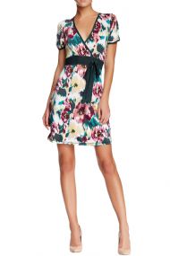 Vertigo Paris Women's Printed Short Sleeve Faux-Wrap Dress - Soft Focus