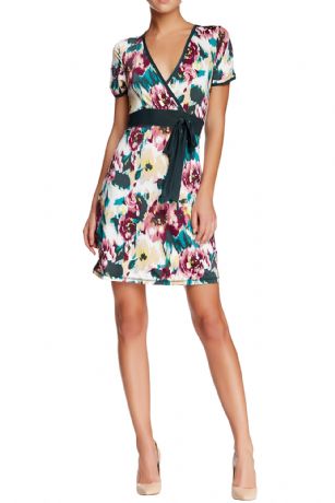 Vertigo Paris Women's Printed Short Sleeve Faux-Wrap Dress - Soft Focus -  There's nothing quite as versatile as this Vertigo Paris Printed Faux-Wrap Dress. Made out of comfortable poly spandex fabric. Featuring attached solid self tie belt ,short sleeves, surplice neckline, allover printed pattern with solid trim. Approx. 36" in from shoulder to hem.Lightweight and soft to the touch, It will see you through the work day with class and comfort. Vertigo Paris Designed in Los Angeles - Vertigo's product line includes every lady's wardrobe staples including dresses, tops, trousers, skirts and handbags, the brand that presents the feminine yet modern and clean-out collection without breaking the bank!