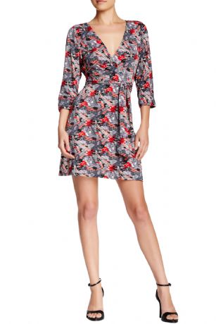 Vertigo Paris Women's Printed 3/4 Sleeve Faux-Wrap Dress - Red Impression -  There's nothing quite as versatile as this Vertigo Paris Printed Faux-Wrap Dress. Made out of comfortable poly spandex fabric. Featuring matching self tie belt, 3/4 sleeves, surplice neckline and allover printed pattern. Approx. 35" in from shoulder to hem.Lightweight and soft to the touch, It will see you through the work day with class and comfort. Vertigo Paris Designed in Los Angeles - Vertigo's product line includes every lady's wardrobe staples including dresses, tops, trousers, skirts and handbags, the brand that presents the feminine yet modern and clean-out collection without breaking the bank!
