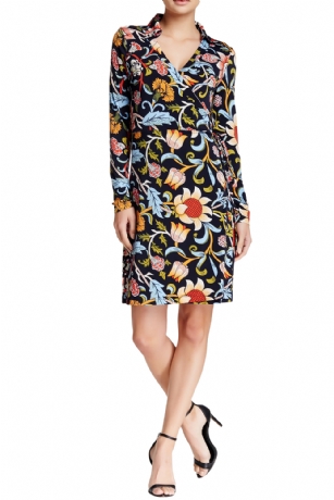Vertigo Paris Women's Printed Long Sleeve Wrap Dress - Woodblock -  There's nothing quite as versatile as this Vertigo Paris Printed Wrap Dress. Made out of comfortable poly spandex fabric. Featuring wrap front with attached self tie belt, long sleeves, surplice neckline, spread collar and allover printed pattern. Approx. 37.5" in from shoulder to hem.Lightweight and soft to the touch, It will see you through the work day with class and comfort. Vertigo Paris Designed in Los Angeles - Vertigo's product line includes every lady's wardrobe staples including dresses, tops, trousers, skirts and handbags, the brand that presents the feminine yet modern and clean-out collection without breaking the bank!
